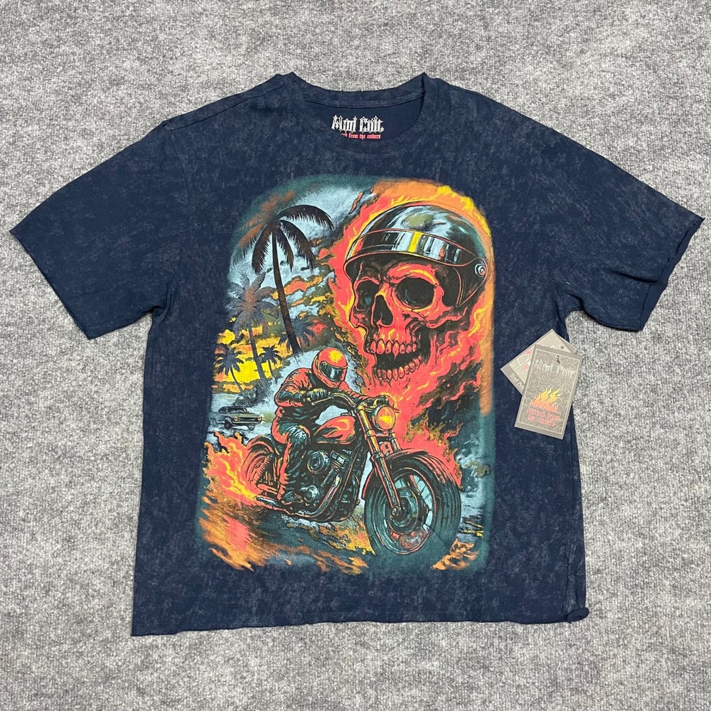Biker Shirt Mens Large Blue Mad Cult Rescued From The Embers Skull‎ Graphic Boxy